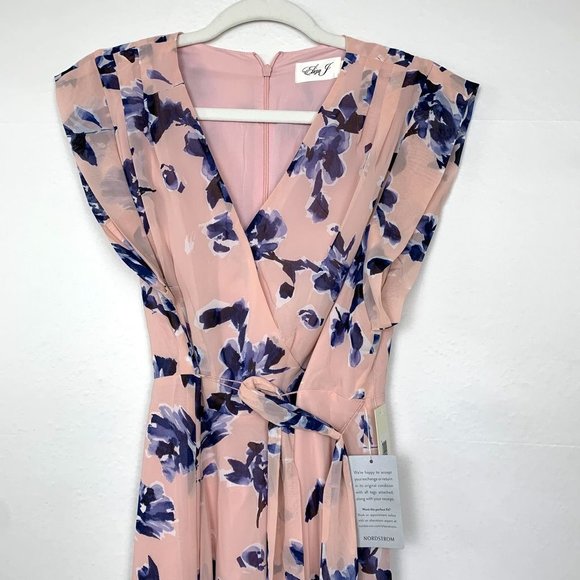 NWT Eliza J Floral Chiffon High-Low V-Neck Waist Tie Maxi Dress Pink Blue 2 - Picture 5 of 10